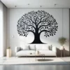 The Eternal Family Tree Wall Mural in a Living room. Black wall sticker on a white wall just above a white sofa in a well lit room.