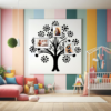 Soulful Unity Family Tree Wall Mural in a Nursery / Kids room with Picture Frames. Black colored family tree wall sticker on a white framed canvas mounted on a wall with colorful stripes in kids room with toys, dolls and a crib.