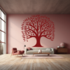 Celestial Heritage Family Tree Wall Decal in a Living Room. Red coloured family tree displayed on a pink wall behind a large white sofa.