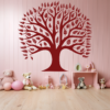 Celestial Heritage Family Tree Wall Decal in a Nursery. Red coloured family tree displayed on the wall of a nursery along with other toys, stuffed dolls and teddy bears.