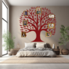 Celestial Heritage Family Tree Wall Decal with Photo Frames in a Bed room. Red coloured family tree displayed on a beige wall just above the pillows on a bed.