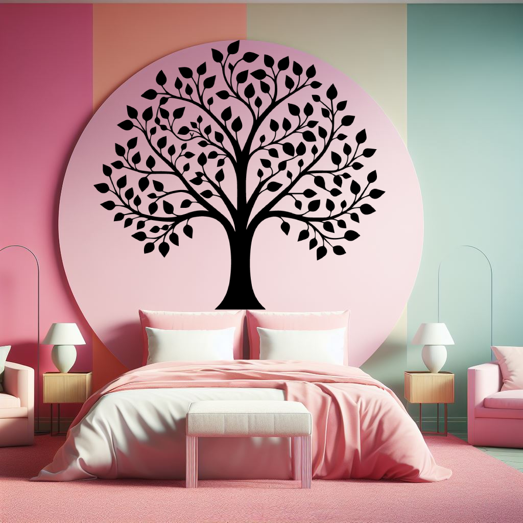 Divine Lineage Family Tree Wall Decal in a Bedroom. Black coloured family tree displayed just above a bed, on a pink wall.