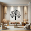 Divine Lineage Family Tree Wall Decal in a living room. Black coloured family tree displayed just above a sofa, on an off-white wall of a pastel color themed living room.