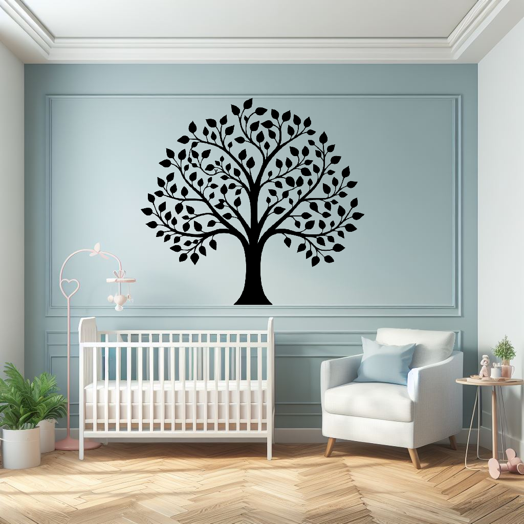 Divine Lineage Family Tree Wall Decal in a nursery. Black coloured family tree displayed just above a crib on a light bluish-green wall.