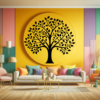 Divine Lineage Family Tree Wall Decal in a living room. Black coloured family tree displayed just above a sofa, on a yellow wall in a colorful living room.