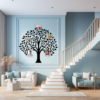 Divine Lineage Family Tree Wall Decal with photo frames. Black coloured family tree displayed just above a sofa on a blue wall next to a staircase.