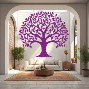 Enduring Bonds Family Tree Wall Decal in a living room. Purple coloured family tree displayed on a white wall just above a sofa set in a well lit room.