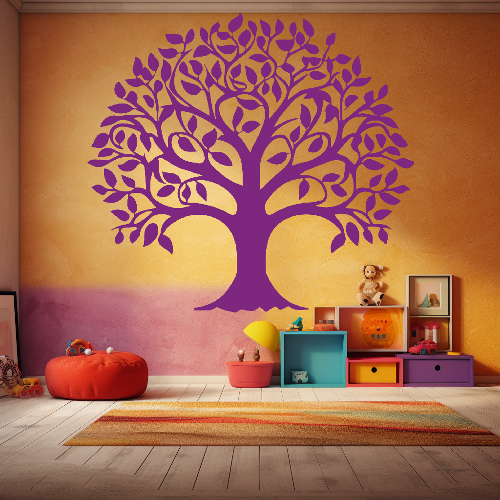 Enduring Bonds Family Tree Wall Decal in a kid's room. Purple coloured family tree displayed on a colorful yellowish wall along with toys and play things.