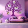 Enduring Bonds Family Tree Wall Decal with photo frames in a living room. Purple coloured family tree displayed on a light purple wall just above a sofa set.