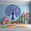 Everlasting Echoes Family Tree Wall Decal in a colorful nursery. Navy blue coloured family tree displayed on a light blue wall surrounded by kids toys and dolls.