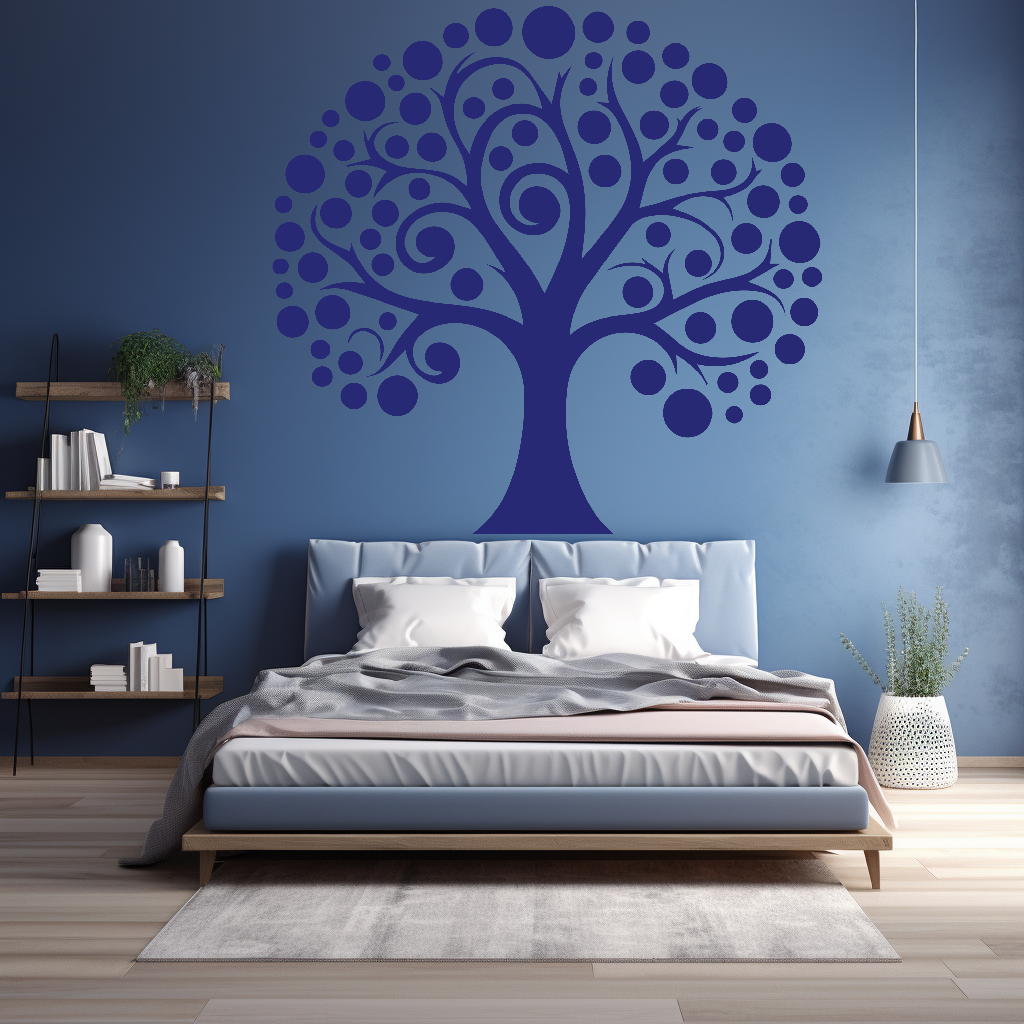 Everlasting Echoes Family Tree Wall Decal in a colorful bedroom. Navy blue coloured family tree displayed on a blue wall just above a bed.