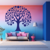 Everlasting Echoes Family Tree Wall Decal in a colorful living room. Navy blue coloured family tree displayed on a blue-orange wall above a sofa.