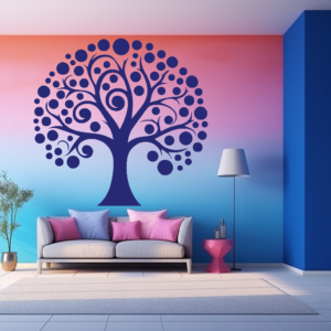 Everlasting Echoes Family Tree Wall Decal in a colorful living room. Navy blue coloured family tree displayed on a blue-orange wall above a sofa.