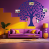 Everlasting Echoes Family Tree Wall Decal with Picture Frames in a colorful living room. Navy blue coloured family tree displayed on a purple and yellow wall above a purple sofa.