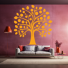 Forever Bonds Family Tree Wall Decal in a Living Room. Yellow coloured family tree displayed on pale red wall above a sofa next a lamp.