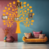 Forever Bonds Family Tree Wall Decal in a Living Room. Yellow coloured family tree displayed on two colored wall along with photo frames.