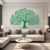 Generations Bloom Family Tree Wall Decal in a Living Room. Green coloured family tree displayed on a pale white wall just above a sofa.