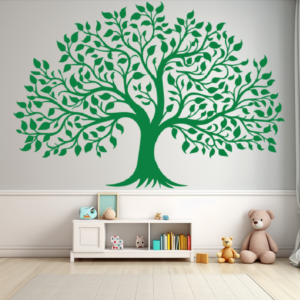 Generations Bloom Family Tree Wall Decal in a child's room. Green coloured family tree displayed on a pale white wall along with toys and dolls on the floor.