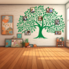 Generations Bloom Family Tree Wall Decal in a Nursery with Photo Frames. Green coloured family tree displayed on a pale wooden wall along with kids toys.