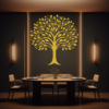 Harmony Heritage Family Tree Wall Decal in a Dining room. Gold coloured family tree displayed on a brown wall with LED lighting just above a brown dining table with seats.