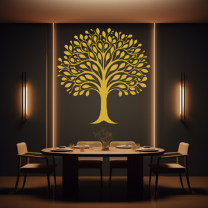 Harmony Heritage Family Tree Wall Decal in a Dining room. Gold coloured family tree displayed on a brown wall with LED lighting just above a brown dining table with seats.