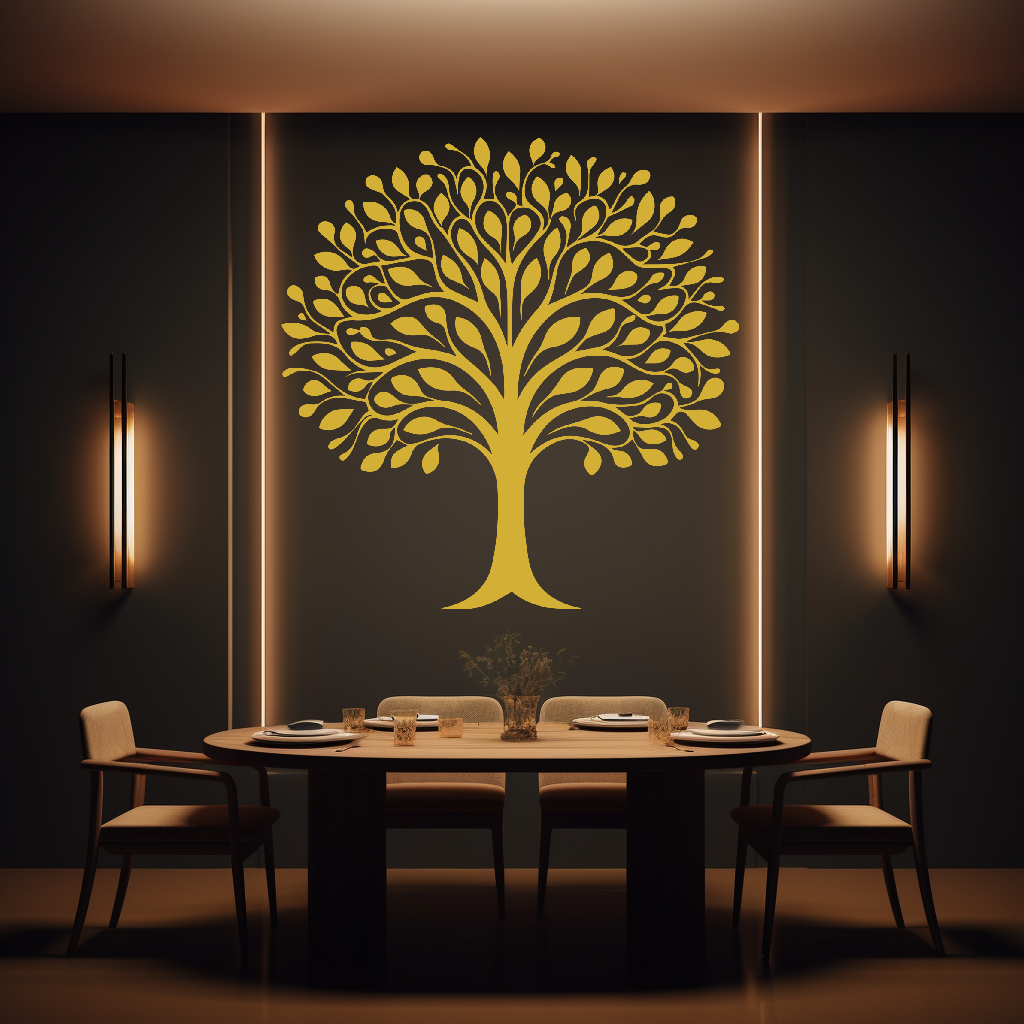 Harmony Heritage Family Tree Wall Decal in a Dining room. Gold coloured family tree displayed on a brown wall with LED lighting just above a brown dining table with seats.