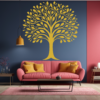 Harmony Heritage Family Tree Wall Decal in a Living room. Gold coloured family tree displayed on a blue wall just above a pink sofa.