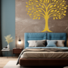 Harmony Heritage Family Tree Wall Decal in a Bedroom. Gold coloured family tree displayed on a mosaic tile styled wall just above a bed.