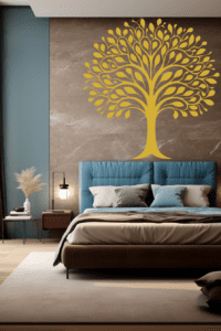 Harmony Heritage Family Tree Wall Decal in a Bedroom. Gold coloured family tree displayed on a mosaic tile styled wall just above a bed.