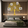 Harmony Heritage Family Tree Wall Decal in a Bedroom with photo frames. Gold coloured family tree displayed on a wooden wall just above a bed.