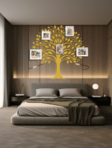 Harmony Heritage Family Tree Wall Decal in a Bedroom with photo frames. Gold coloured family tree displayed on a wooden wall just above a bed.