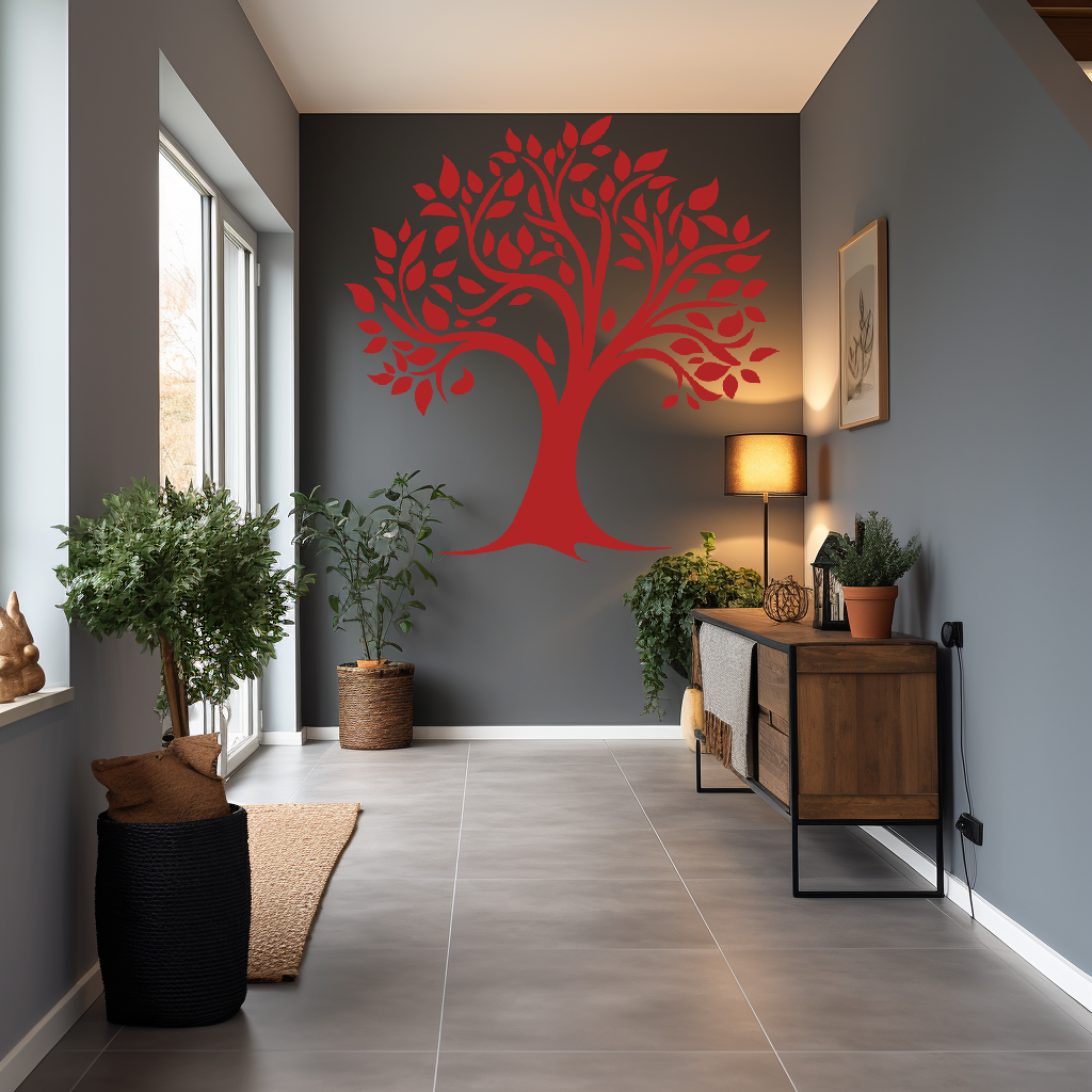 Heritage Legacy Family Tree Wall Decal in a hallway. Red coloured family tree displayed at the end of a hallway on a grey colored wall.