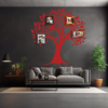 Heritage Legacy Family Tree Wall Decal with picture frames in a living room. Red colored wall sticker on a grey wall just above a grey sofa.