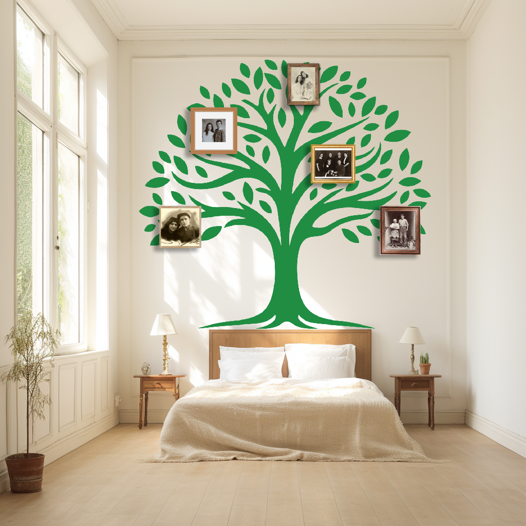 Infinite Roots Family Tree Wall Decal in a Bedroom with photo frames. Green colored family tree wall sticker on a white wall just above bed.