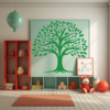 Infinite Roots Family Tree Wall Decal in a kids room. Green colored family tree wall sticker inside a light green frame just above toys and dolls.