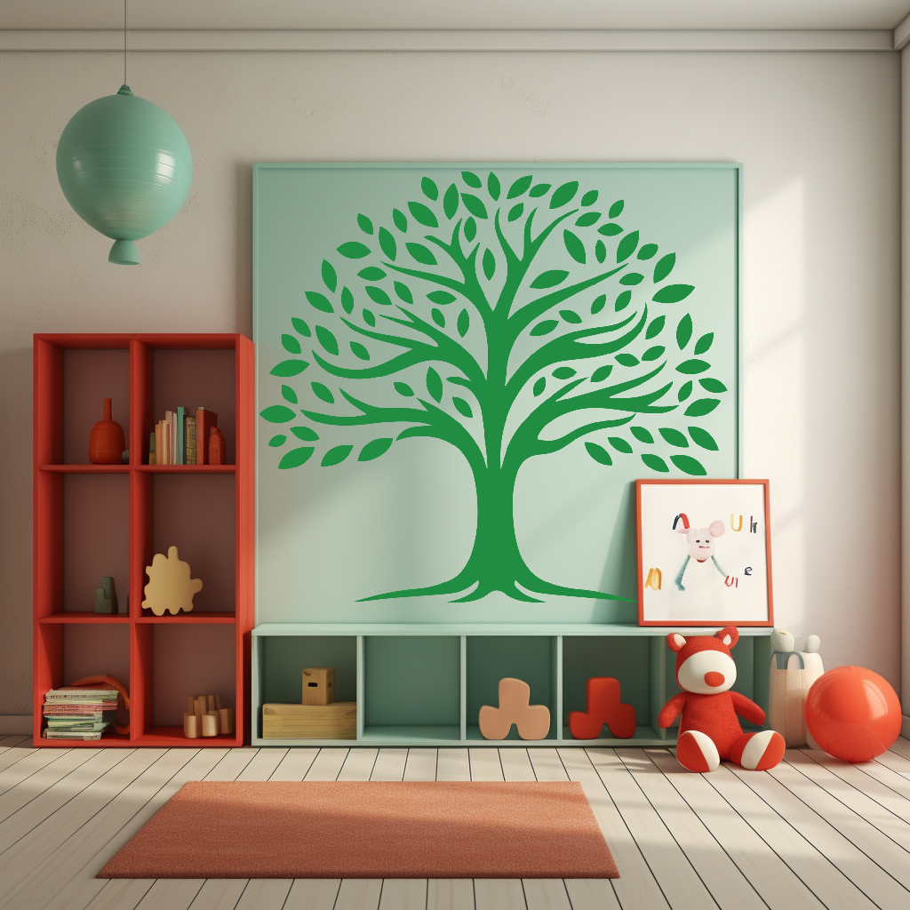 Infinite Roots Family Tree Wall Decal in a kids room. Green colored family tree wall sticker inside a light green frame just above toys and dolls.