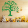 Infinite Roots Family Tree Wall Decal in a nursery. Green colored family tree wall sticker on a pale yellow wooden wall just above toys and dolls.