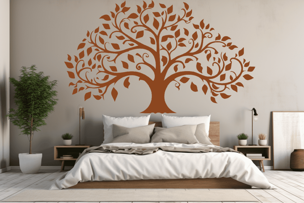 Perpetual Roots Family Tree Wall Decal in a bedroom. Brown family tree on a off-white wall just above the bed.