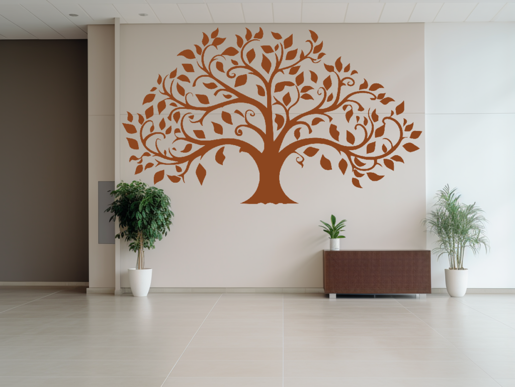 Perpetual Roots Family Tree Wall Decal in a home. Brown family tree on a off-white wall.