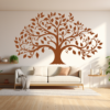 Perpetual Roots Family Tree Wall Decal in a living room. Brown family tree on a off-white wall just above the sofa.
