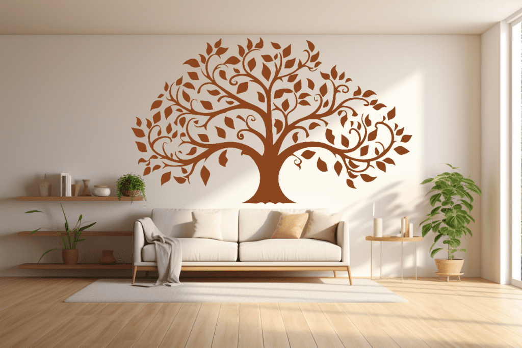 Perpetual Roots Family Tree Wall Decal in a living room. Brown family tree on a off-white wall just above the sofa.