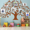 Perpetual Roots Family Tree Wall Decal in a Nursery with Photo Frames. Brown coloured family tree displayed on a blue wall just above toys and dolls.