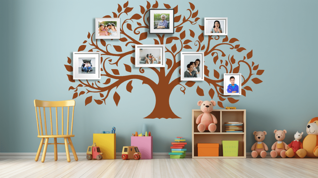 Perpetual Roots Family Tree Wall Decal in a Nursery with Photo Frames. Brown coloured family tree displayed on a blue wall just above toys and dolls.