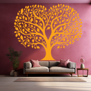 Radiant Lineage Family Tree Wall Mural in a Living Room. Yellow colored family tree wall sticker on a light red wall just above a sofa set.