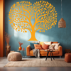 Radiant Lineage Family Tree Wall Mural in a Living room. Yellow family tree wall sticker on a light blue wall just above a yellow sofa and other furniture.