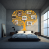 Radiant Lineage Family Tree Wall Decal in a Bedroom with Photo frames. Yellow colored family tree wall sticker on grey wall just above a bed beside a window.