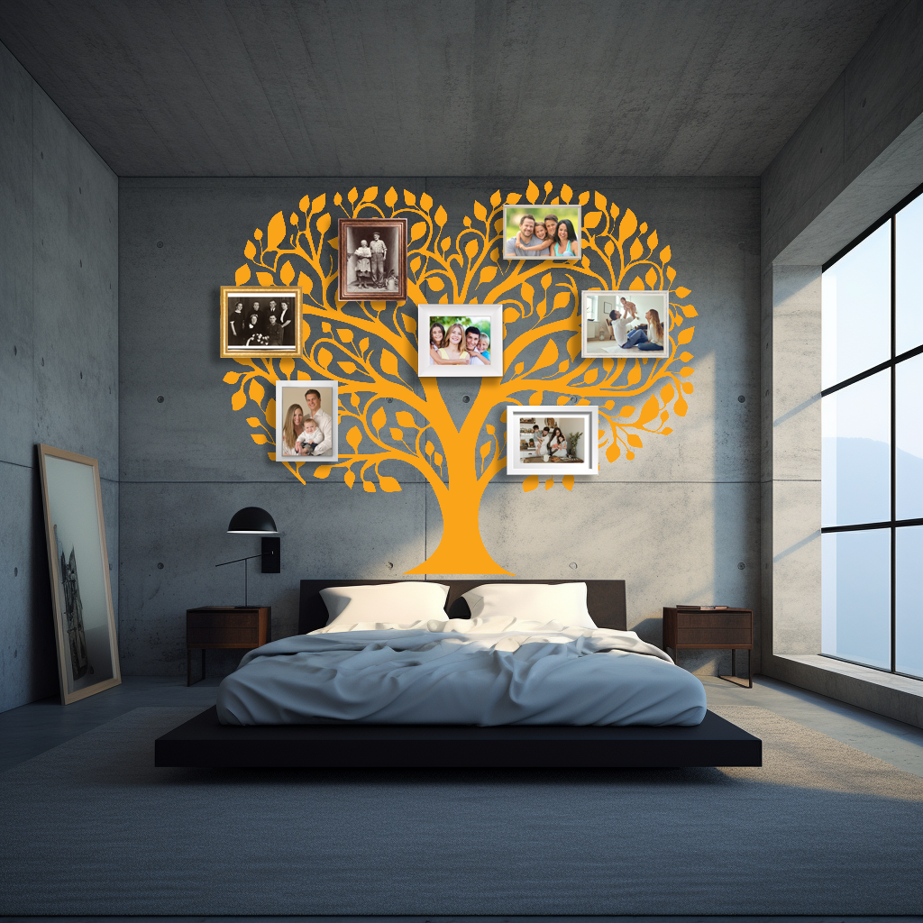 Radiant Lineage Family Tree Wall Decal in a Bedroom with Photo frames. Yellow colored family tree wall sticker on grey wall just above a bed beside a window.