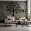 Soulful Unity Family Tree Wall Mural in a Living Room. Black family tree wall sticker on a grey wall just above a sofa set and other decorative items.