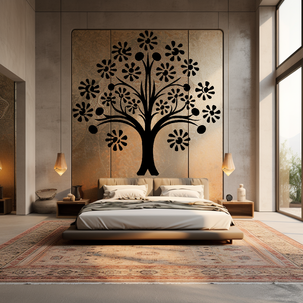 Soulful Unity Family Tree Wall Mural in a Bedroom. Black family tree wall sticker on a golden canvas mounted on a wall next to a window, just above a bed.