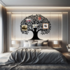 The Eternal Family Tree Wall Mural in a bedroom with photo frames. Black wall sticker on an off-white wall with LED lighting.